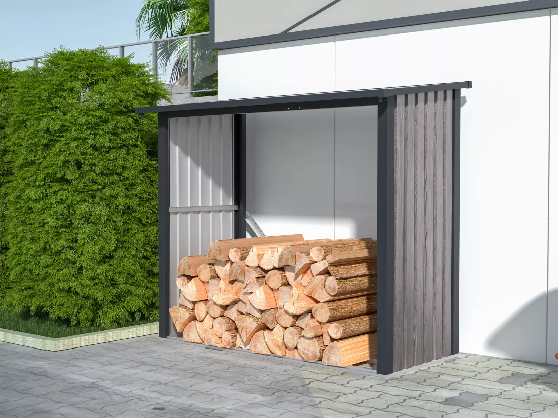 Abri bûches métal en acier galvanisé effet bois 1,98 m3 - 2 stères - L182 x P89 x H156cm - BIRWOOD