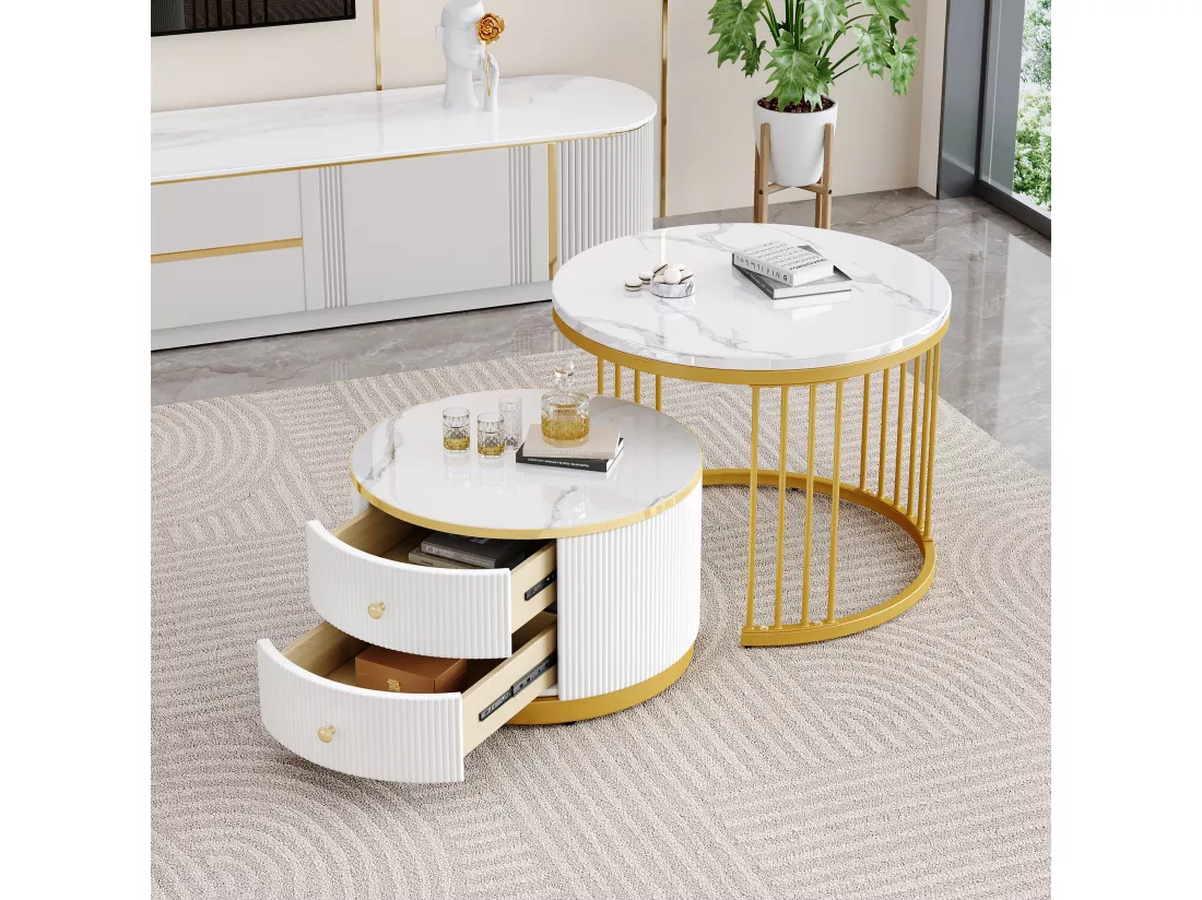 Lot de 2 tables basses gigognes avec 2 tiroirs - 60 x 60 x 45.5 cm + 50 x 50 x 32 cm - Aspect marbre brillant - MDF - Or et blanc