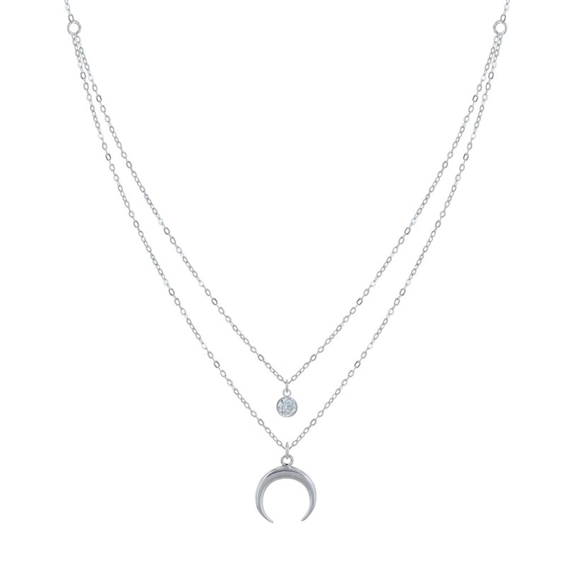 Collier Double Chaine Argent Croissant de Lune et Zirconia