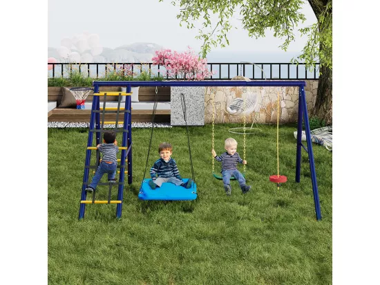 Ensemble de balançoires jardin 3 balançoires + portique escalade + panier basket aire de jeux extérieur