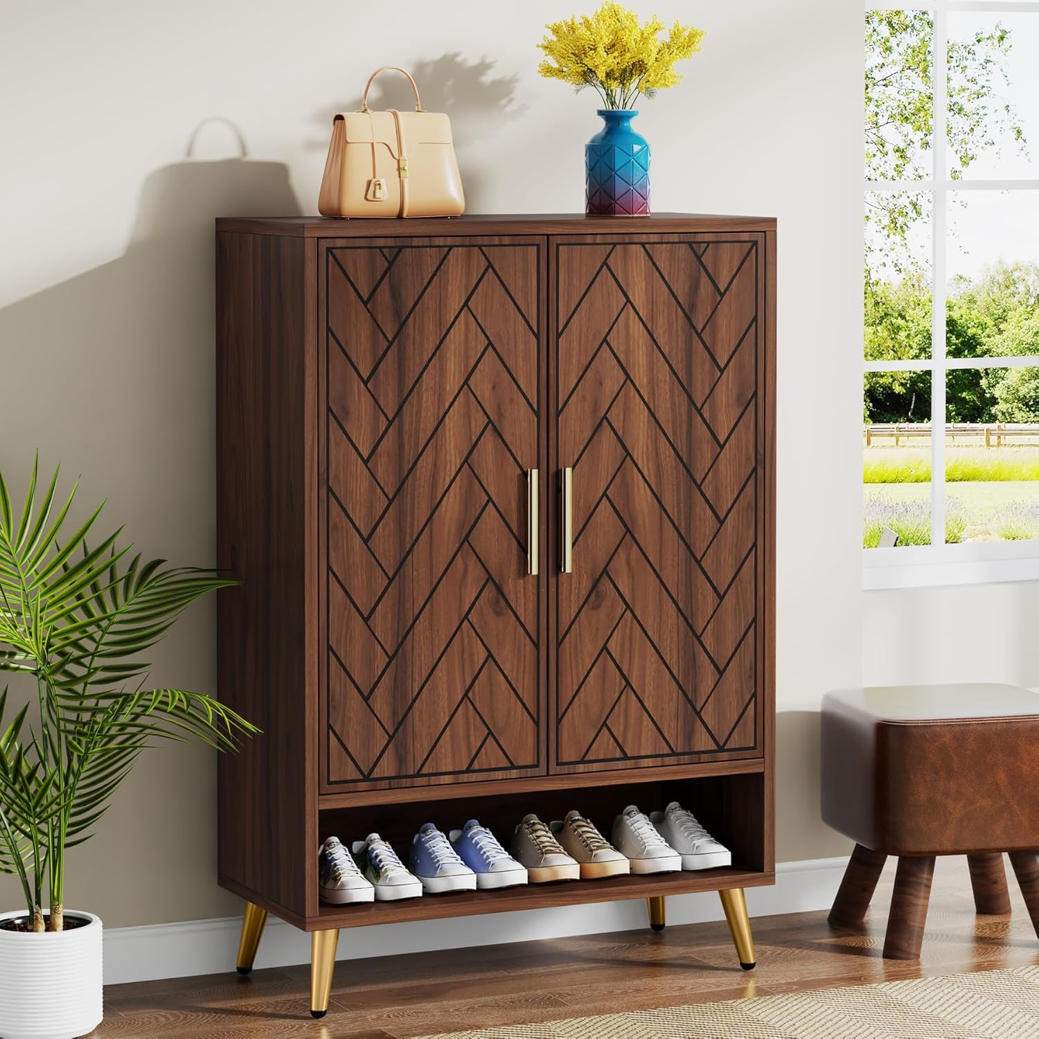 LITTLE TREE Schuhschranks, Holz Schuhkommode mit 2 Türen, Schuhregal mit 6 Ebenen und verstellbaren Regalen, Schmaler Schuhschrank für Wohnzimmer, Flur, Schlafzimmer, Braun