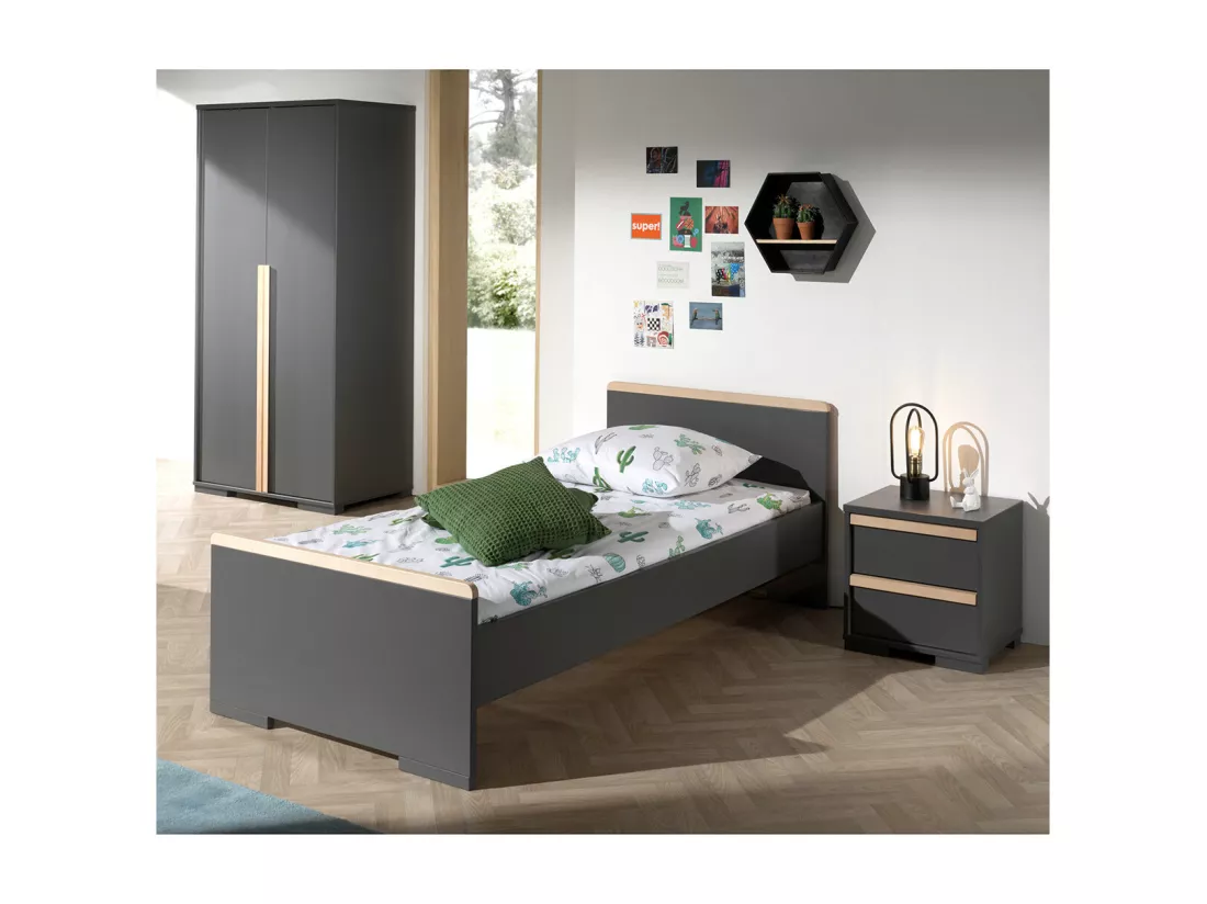 NASH DARK - Lit 90x200cm + Chevet + Armoire 2 Portes