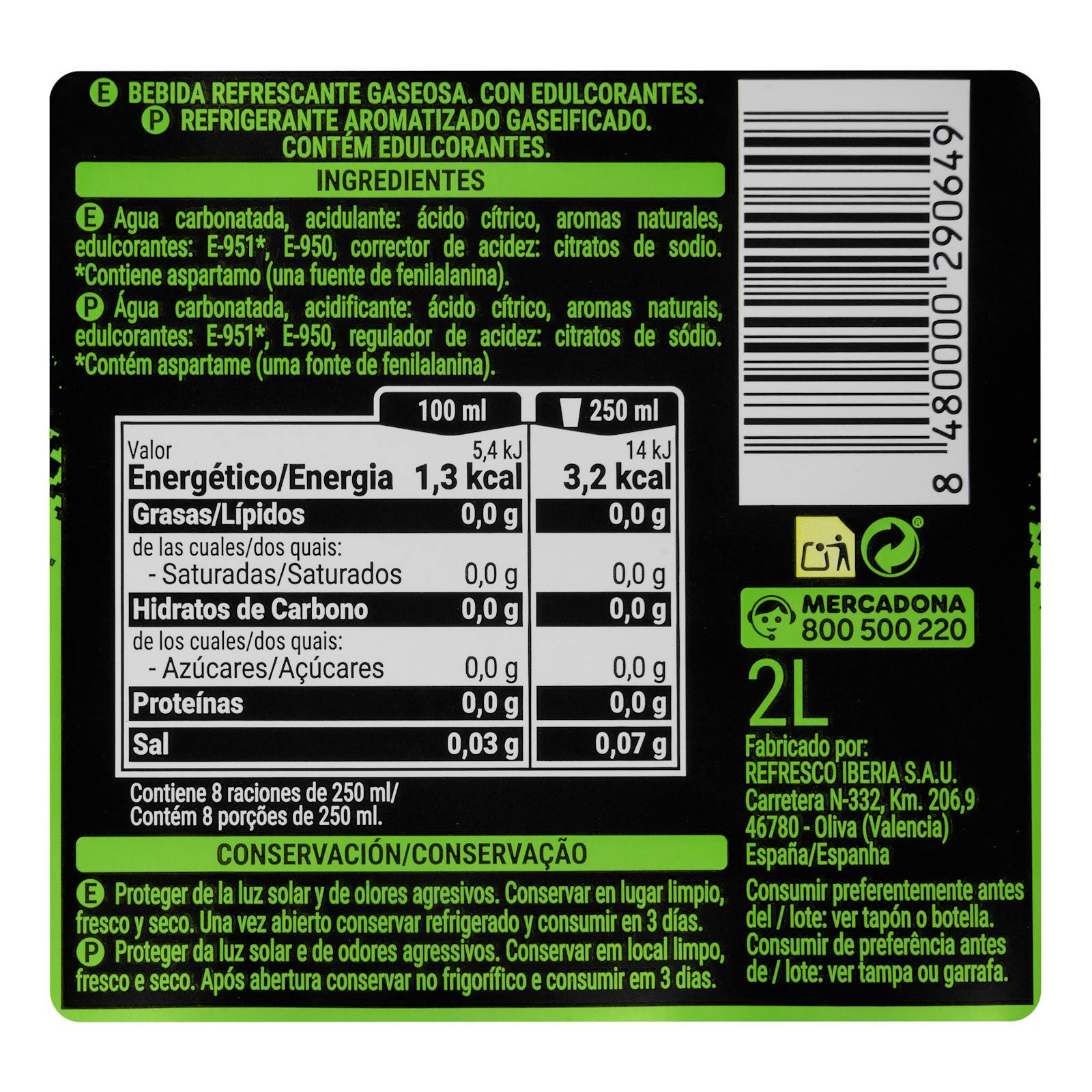 Hacendado zéro sucre gaz frais soda citron vert