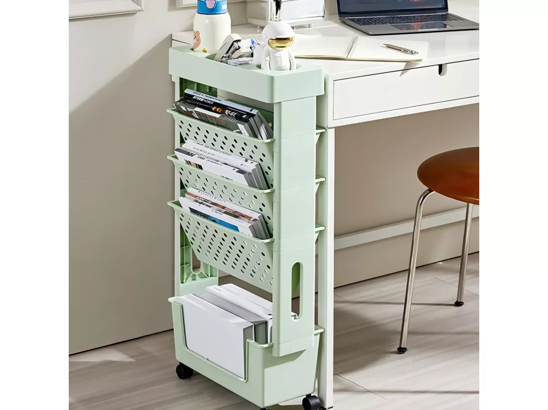 Bibliothèque Mobile à 5 niveaux vert, avec 4 roulettes, 37.5x15x78cm, étagères de livre