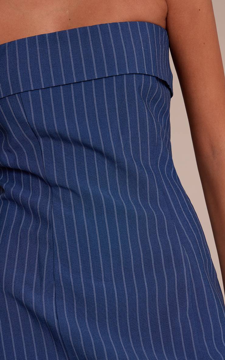 Bleu Marine Robe Moulante Bustier À Rayures Fines Avec Pli