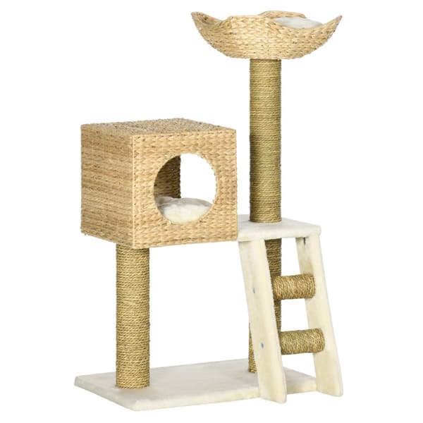 Kløestolpe 100,5H cm, kattetre med kattehule, seng, kattetrapp med sisal skrapestolper, pute, for små katter, naturlig
