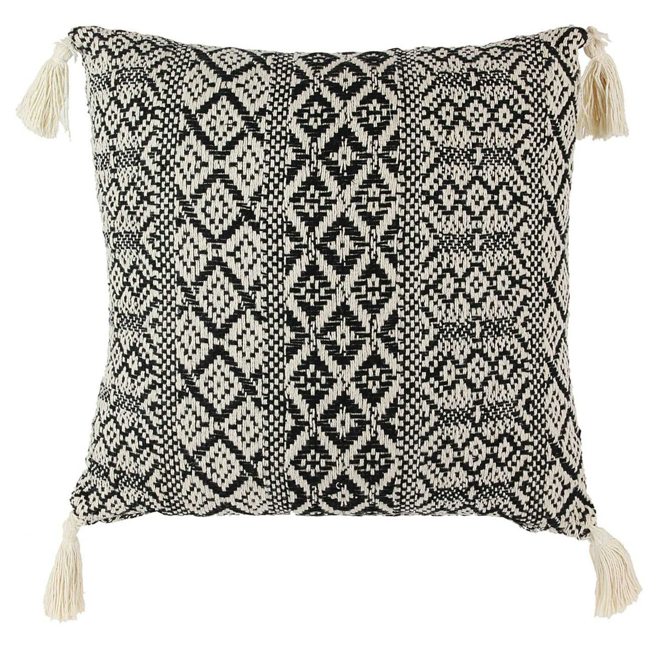 Home Deco Factory Coussin ethnique pompons beige/noir - 40x40 cm