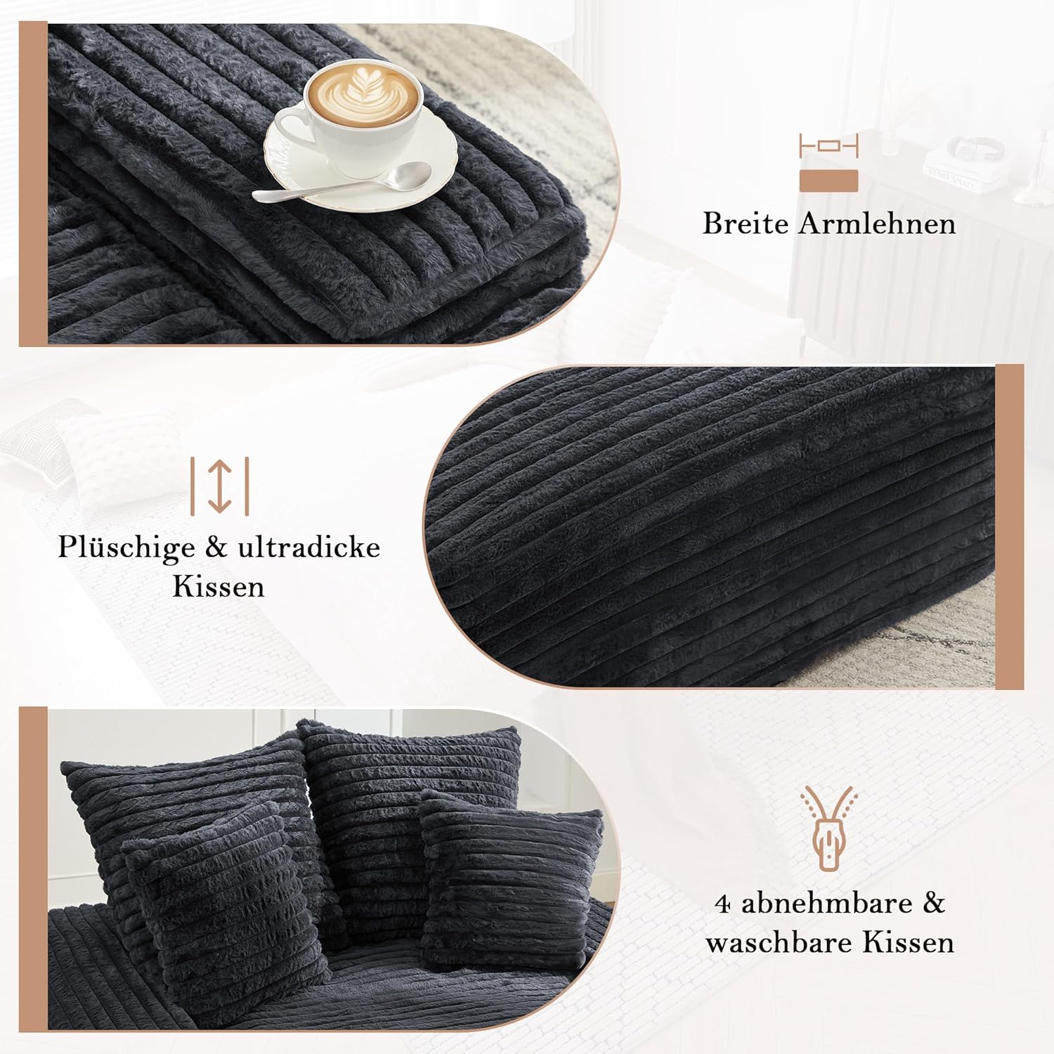 Cord Samt Lounge Sofa, 137x175 cm, Daybed & Lounger für Wohnzimmer, 2-Sitzer Couch, Extra Bequemes Sofa zum Liegen, Zum Ausstrecken und Entspannen, Grau