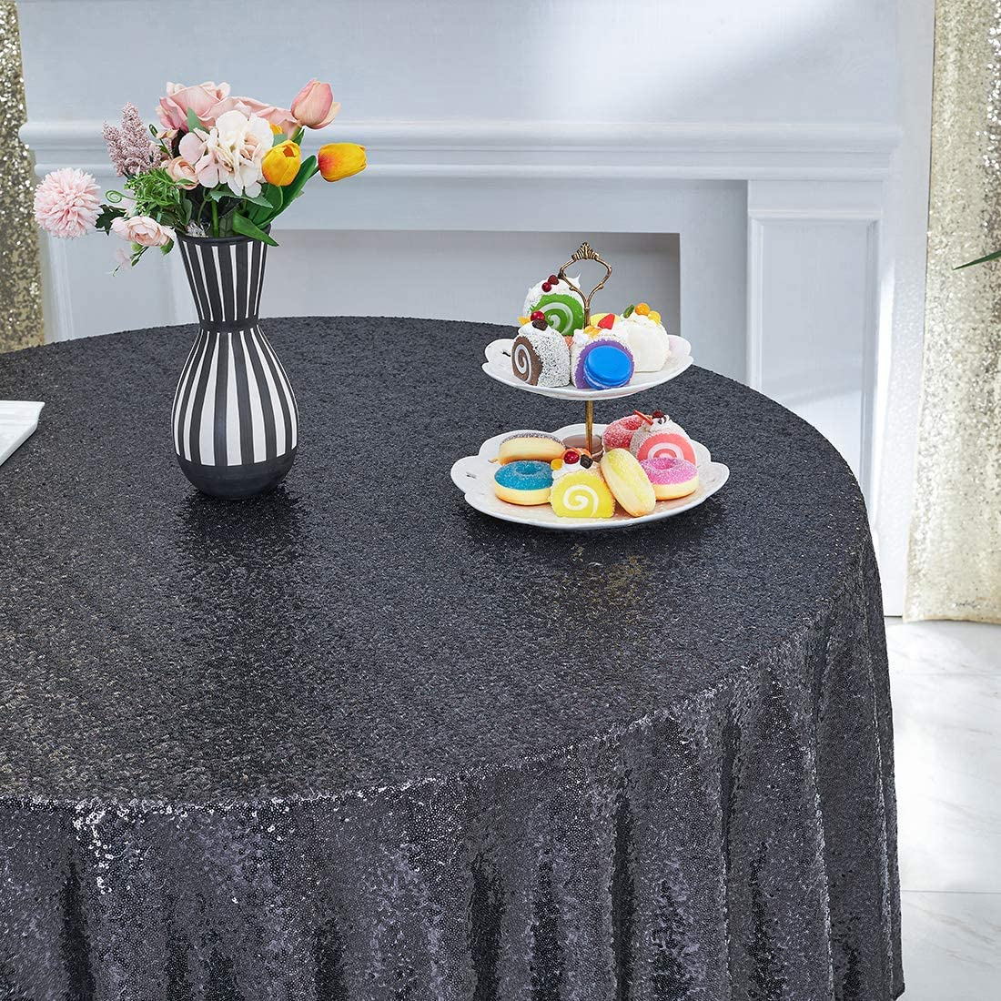 (Ø100cm) Glitzer Tischdecke Party Dekoration Pailletten Tisch Tuch - Schwarz