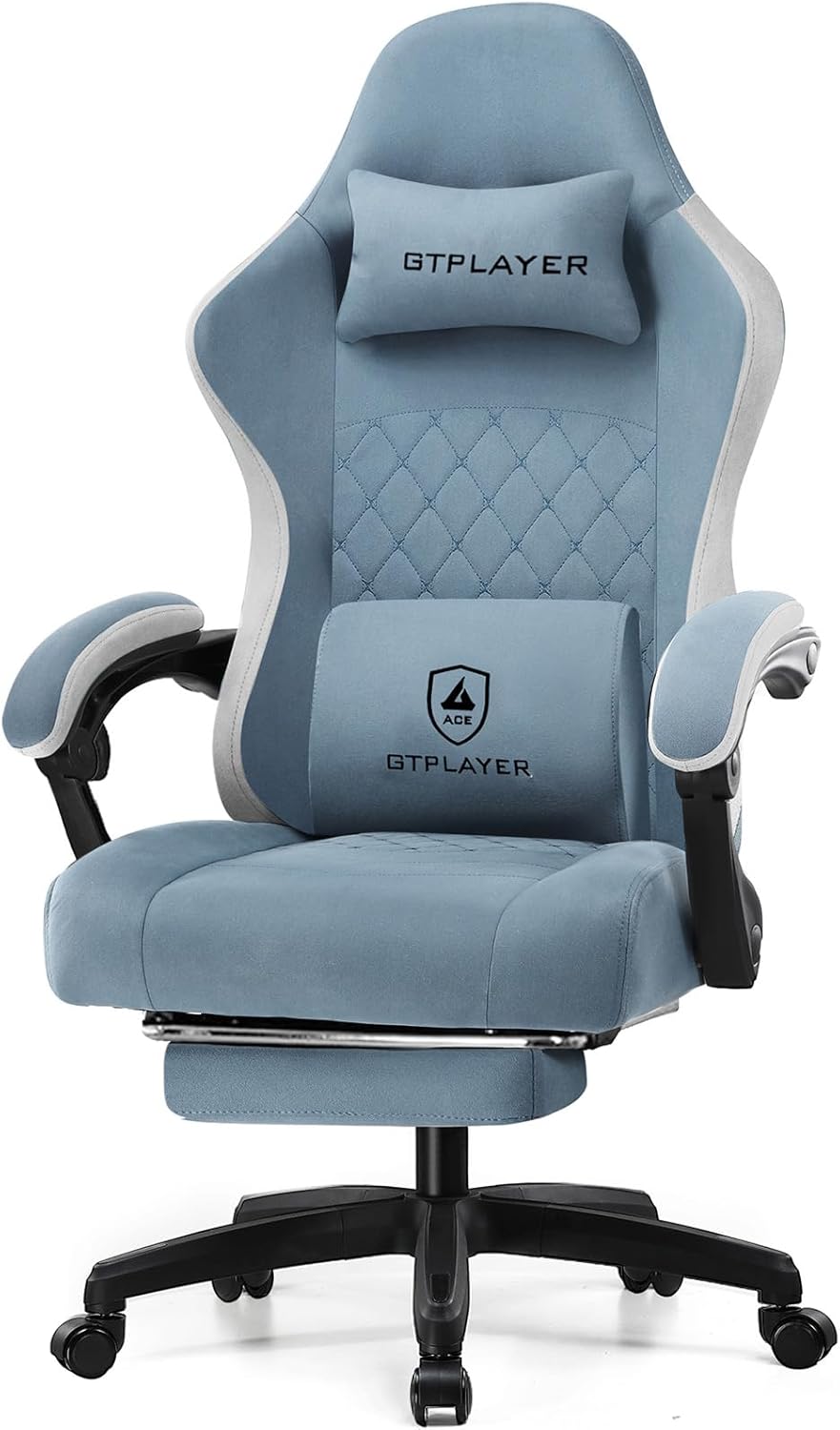 GTPLAYER Gaming Stuhl Ergonomischer Gaming Sessel Schreibtischstuhl mit Stoffoberfläche, Federsitzkissen, Verbindungsarmlehnen und Fußstütze Hellblau