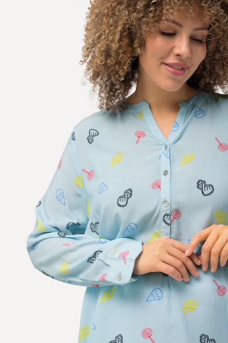 Bluse, Comic-Druck, Stehkragen, V-Ausschnitt, Langarm