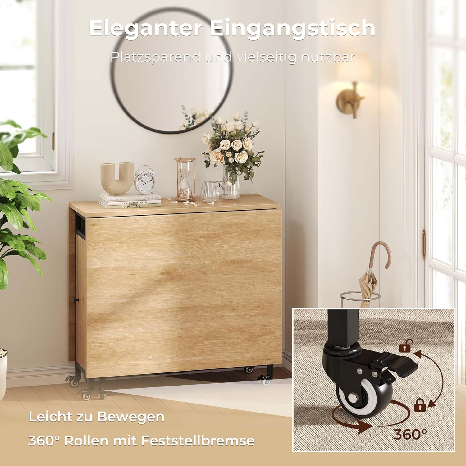 HSH Klappbarer Esstisch Klapptisch Küche Mit Stauraum Küchentisch Klappbar mit 2 Regalen und Rollen Mobiler Tish aus Holz und Metall Platzsparender Für Küche Wohnzimmer Wohnung Eichenoptik 130cm