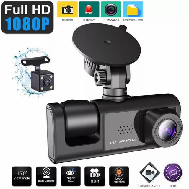 Bilkamera 3 objektiv vidvinkel 1080P HD bil DVR Dash Cam parkeringsskærm