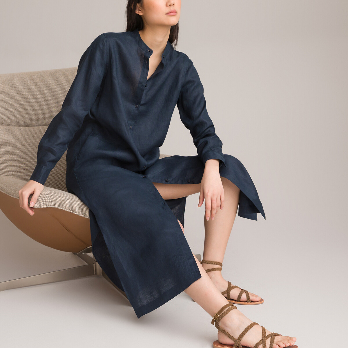 COLEÇÕES LA REDOUTE<br>Vestido longo com mangas compridas, em linho