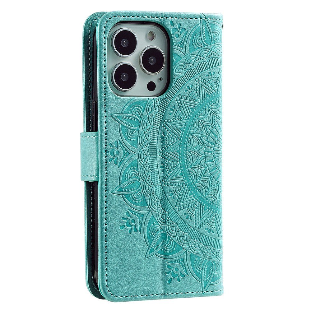 iPhone 14 Pro Max Leder Tasche Wallet - Mandala Flowers Imprint - Türkis