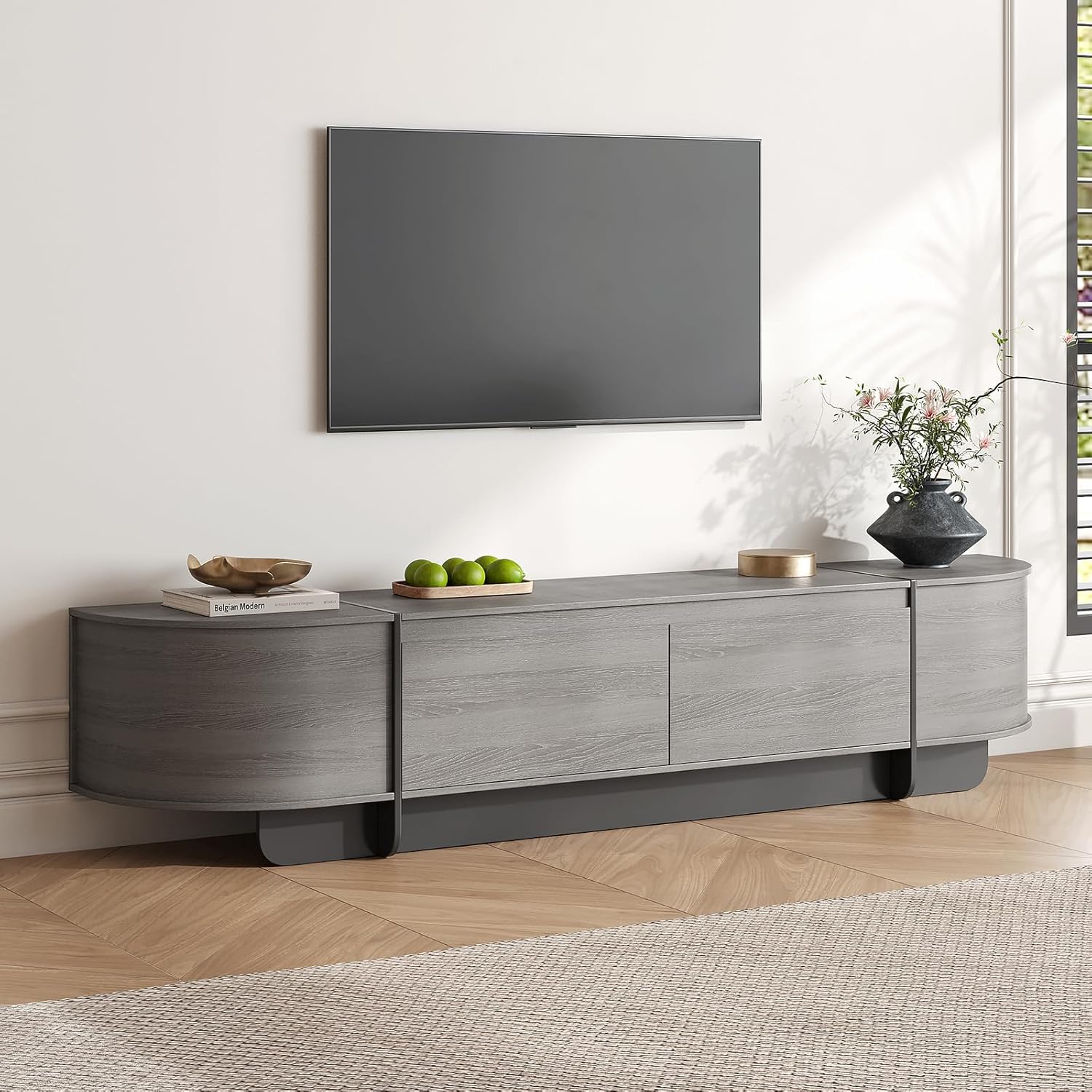 180 cm TV-Schrank für 50-70 Zoll, Langer Fernsehtisch mit Schubladen, Modernes TV-Lowboard mit großem Stauraum, Medienregal mit abgerundeten Kanten für Wohnzimmer & Schlafzimmer (Grau)