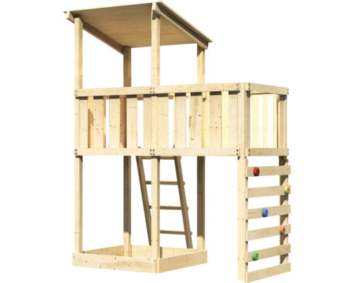 Speeltoren/speelhuis Karibu Anna, 107 x 107 cm, hout, bestaande uit een aanbouw en een klimwand.