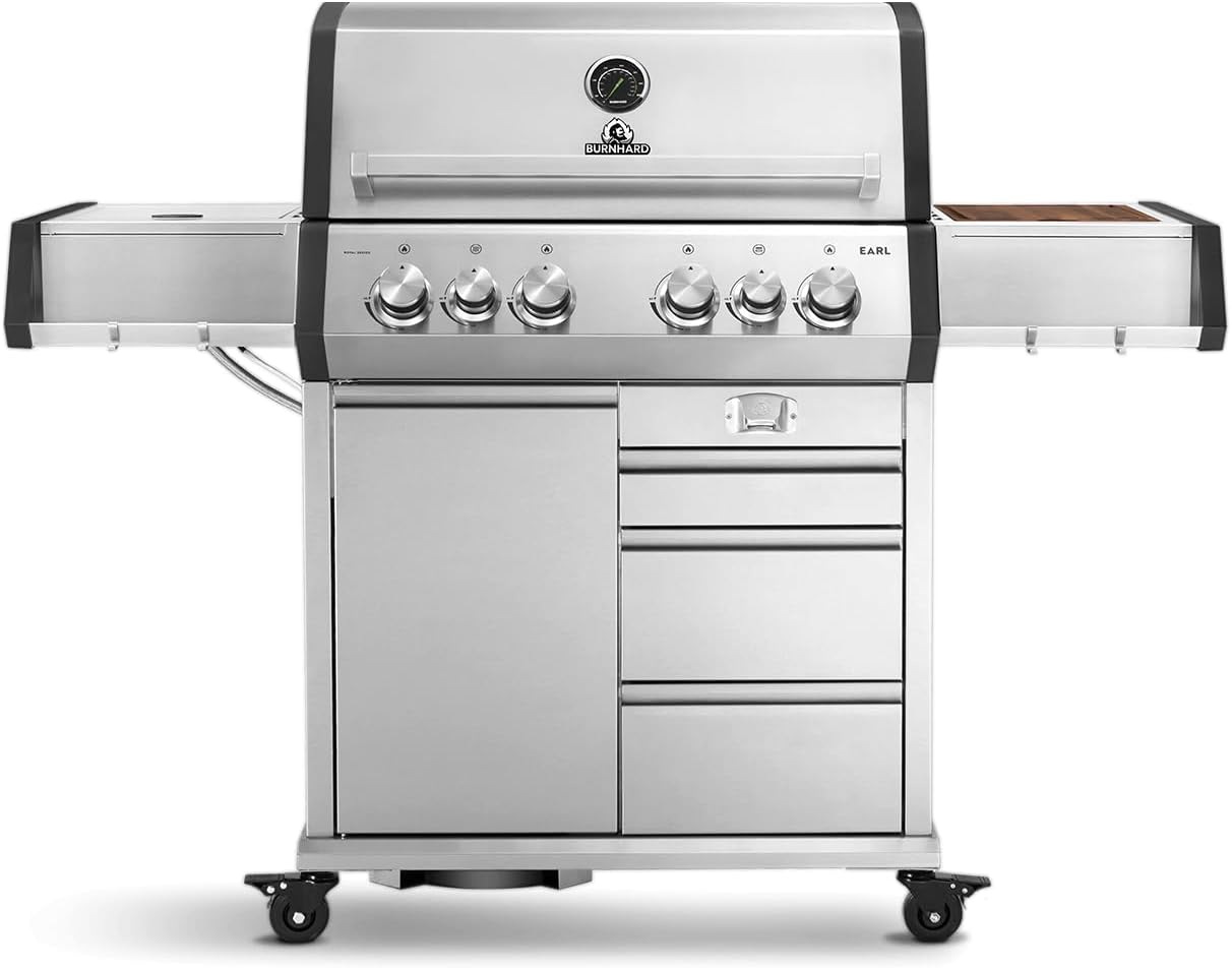 BURNHARD® 4-Brenner Gasgrill Edelstahl inkl. Heckbrenner, mit Edelstahl Grillrost & inkl. Abdeckhaube, Seitenkochfeld mit Infrarot Keramikbrenner - Big EARL