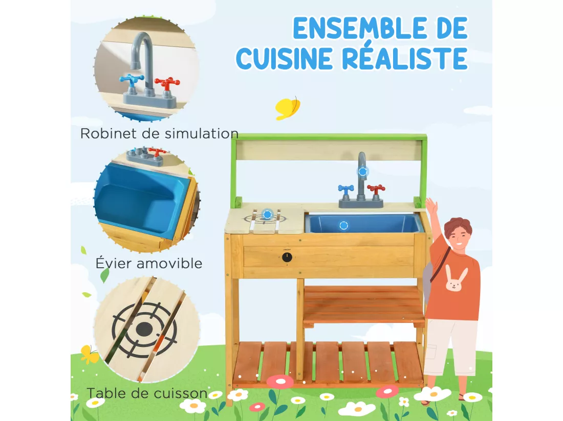 Jeu d'imitation cuisine extérieure enfant 3 étagères évier bois sapin pré-huilé