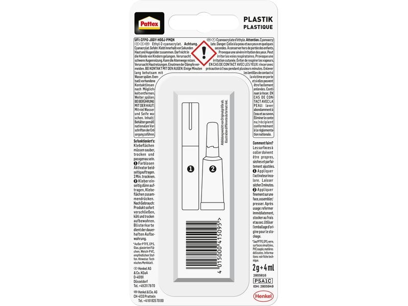 Pattex Sekundenkleber PSA1C Plastix 2 g, Transparent Flüssiger Plastikkleber mit Aktivator