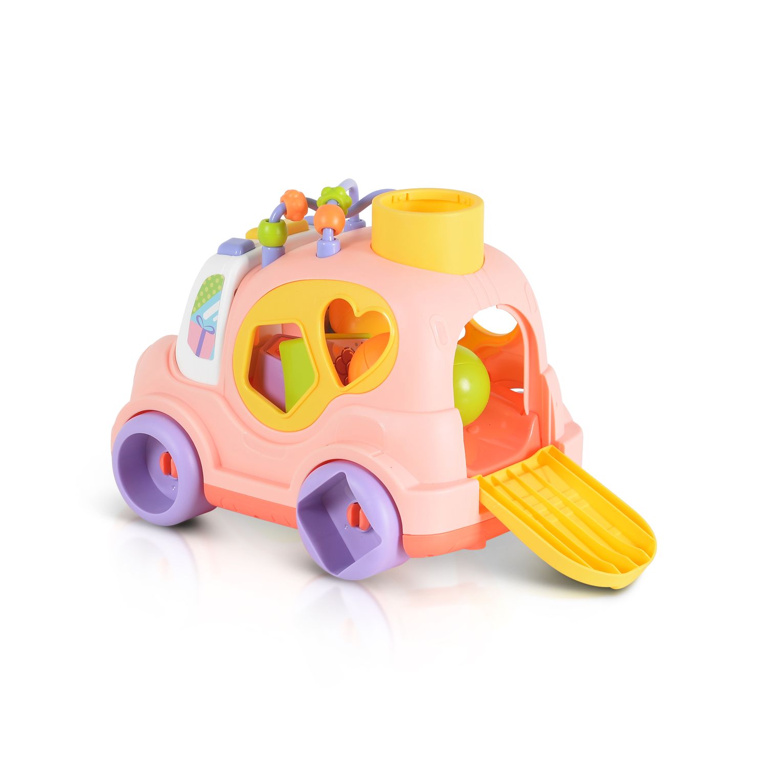 Moni Sortierspiel Auto, Musik Licht, 4 Formen, Hammer, Motorikschleife, 3 Bälle rosa