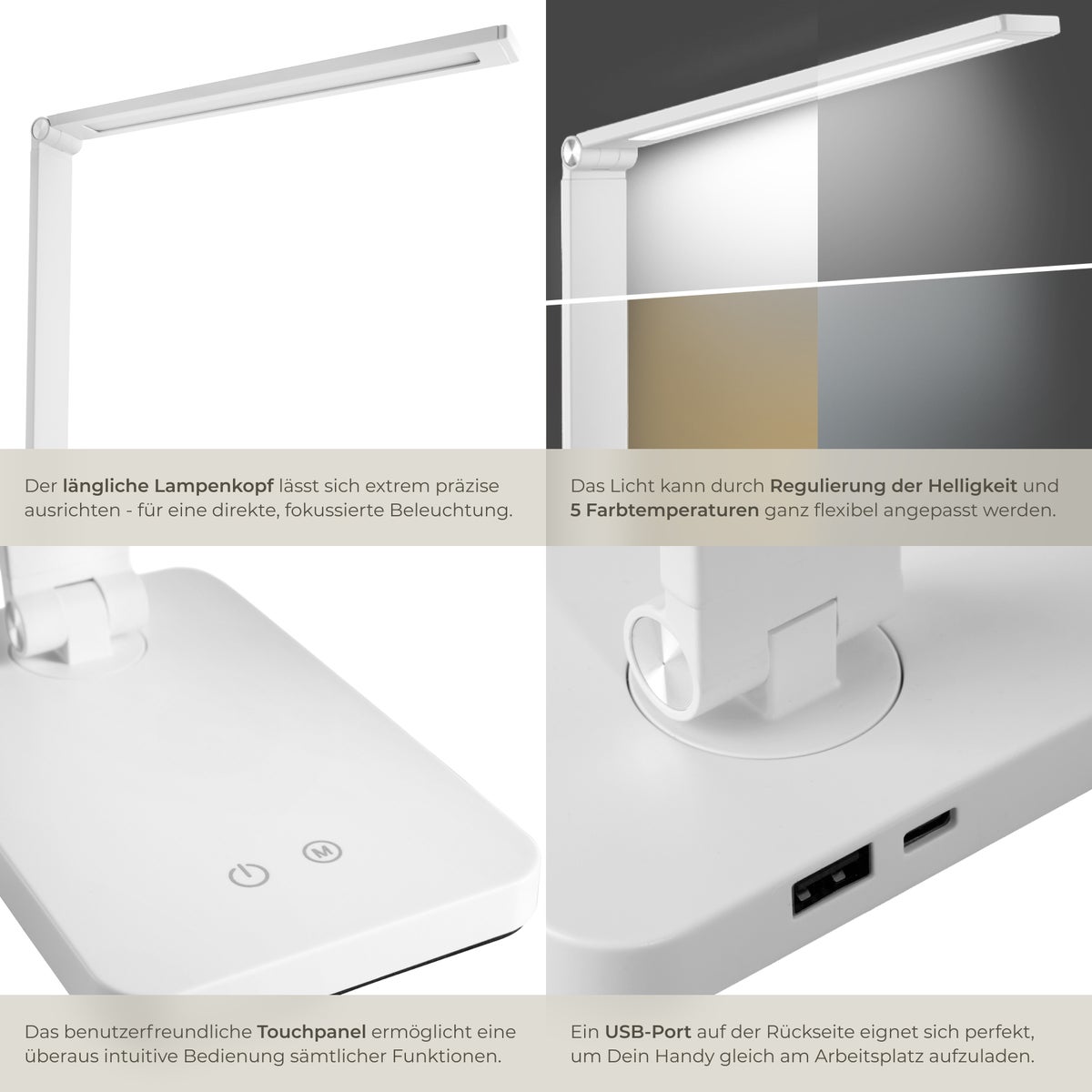 tectake Novaly LED bureaulamp, 5 W inclusief USB-aansluiting