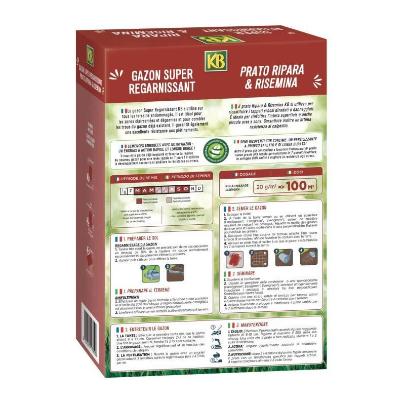 Semences gazon kregfac100 - super regarnissant 2 kg - pour terrains ombragés - germination rapide 7 jours - pour 100m²
