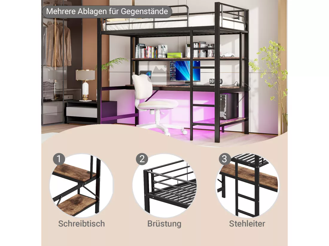Lit mezzanine garde-corps et escabeau - 90 x 200 cm - avec USB et secteur - LED et bureau - sans matelas - métal - noir