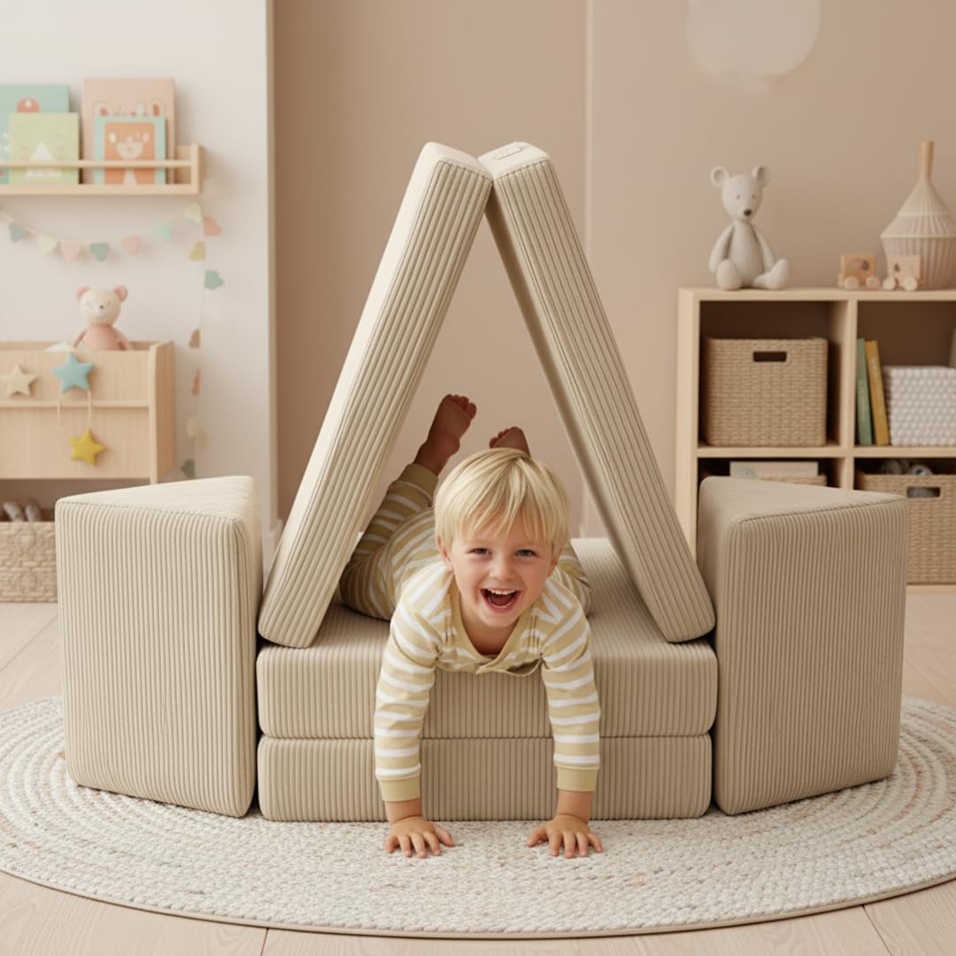 Bellabino Nile Spielsofa für Kinder – Kindersofa Cord in Beige – Spielesofa aus Schaumstoff Bausteine – modulare Kindercouch ausklappbar – Spielcouch waschbarer Bezug – Sofa Kinderzimmer Kuschelecke