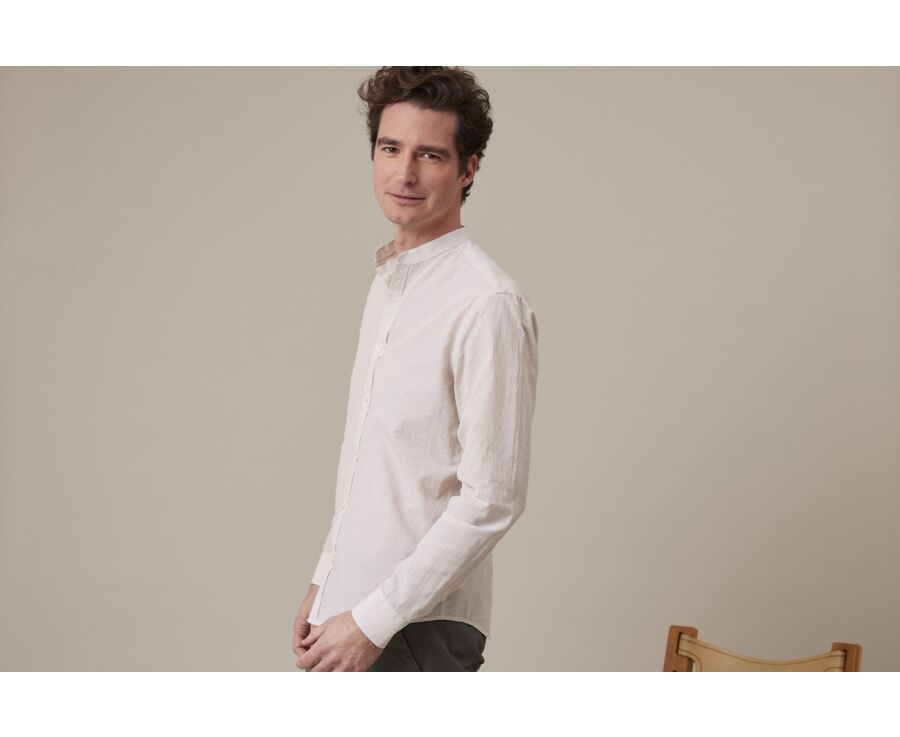 Chemise seersucker à rayures fines beiges et blanches - COLBERT