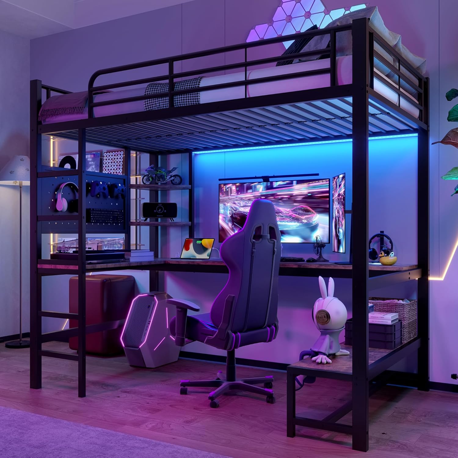 Etagenbett Hochbett 90x200 cm mit LED Leiste&USB Steckdose, Kinderbett Metallbett mit Schreibtisch&&mehrere Regalen&Lochbrett, Einzelbett Bettgestell mit Rausfallschutz&Leiter, Ohne Matratze, Schwarz