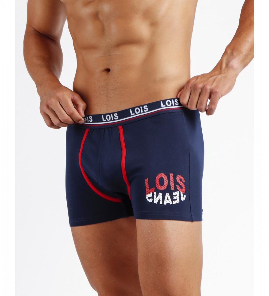 Conjunto de 2 cuecas boxer Lois Reverse, uma branca e uma azul-marinho.