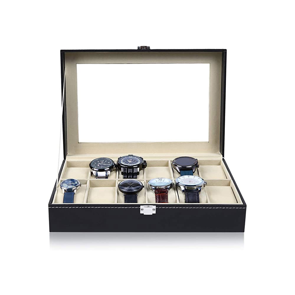 (12 Slots) Uhrenbox Schmuckschatulle Organizer mit Glasdeckel - Schwarz