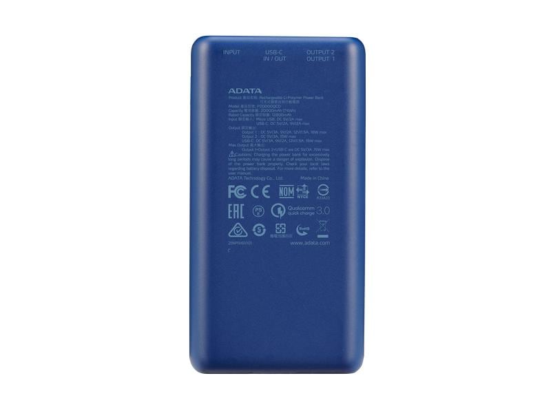 ADATA Powerbank P20000QCD (20000 mAh, USB-A, USB-C, Display Powerbank mit hoher Kapazität, modernen Schnellladeanschlüssen und Digital-Display