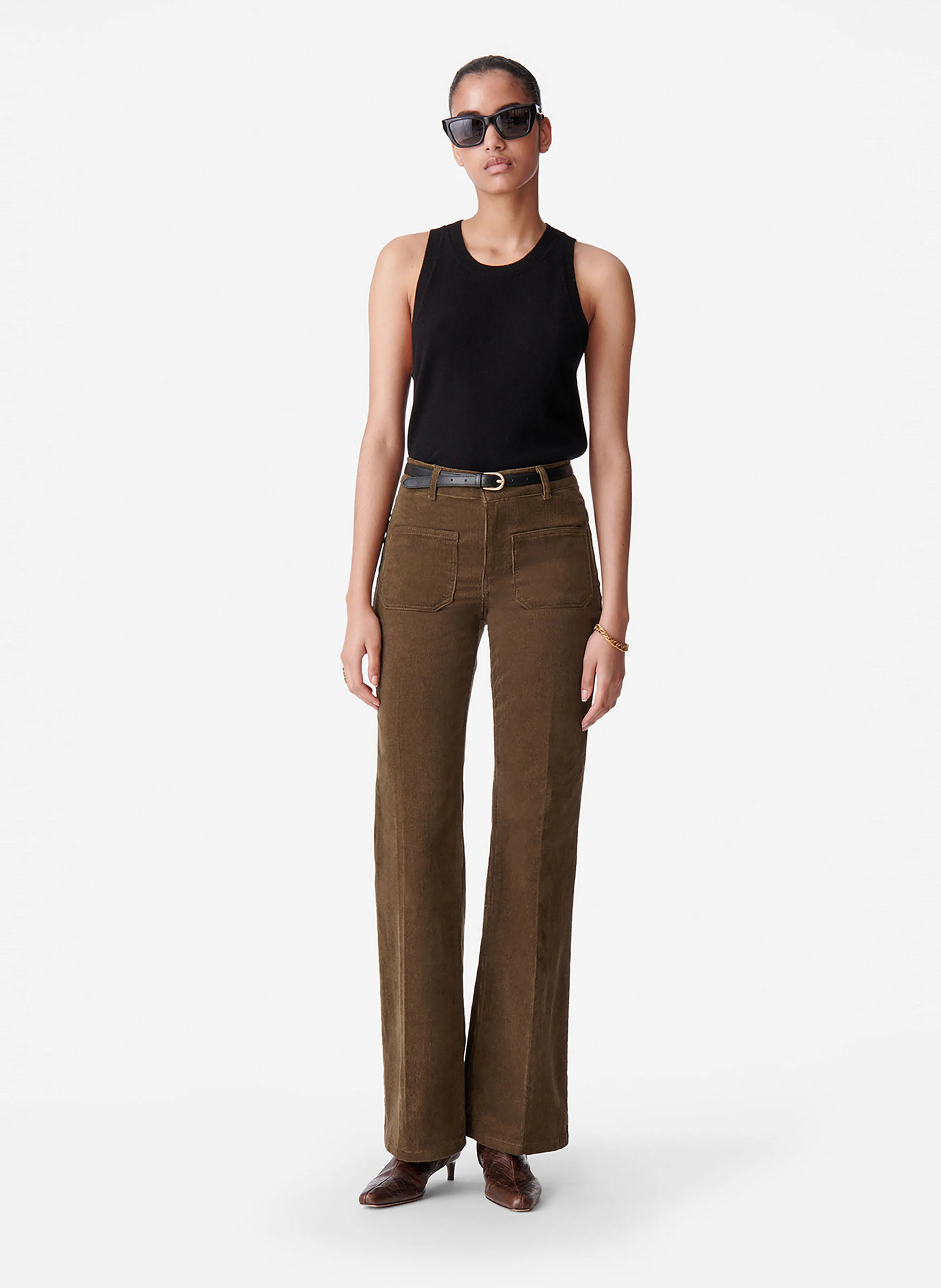 DOMPAY - Pantalon évasé côtelé en coton mélangé | Vert
