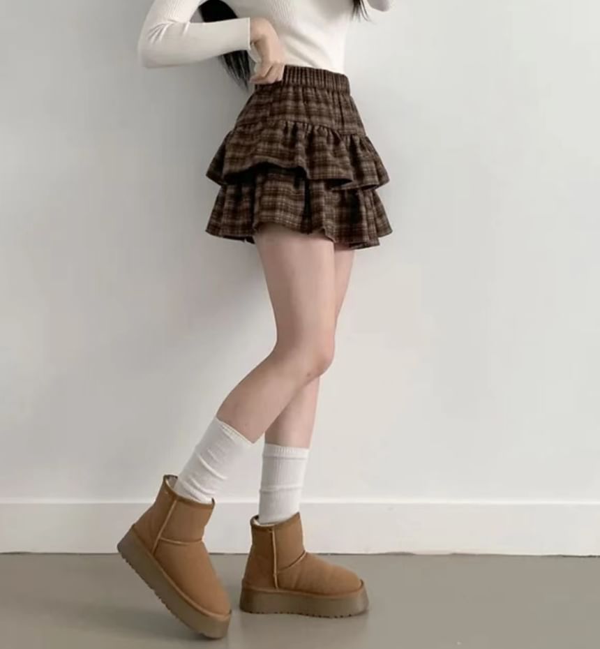 MIKIGA - Geruite rok met hoge taille en ruches aan de zoom