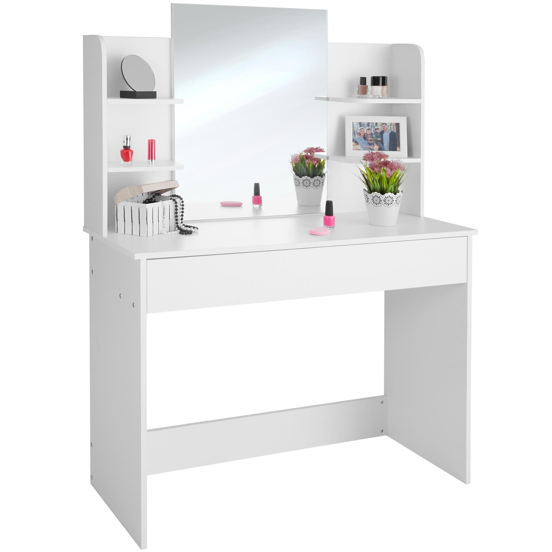 tectake® Schminktisch, im modernen Look, breite, unterteilte Schublade, 4 seitliche Fächer, 100 x 40 x 139,5 cm