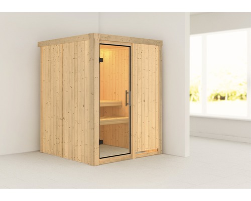 Karibu Norina modulaire sauna zonder oven en dakkroon, met volledig glazen deur van helder glas