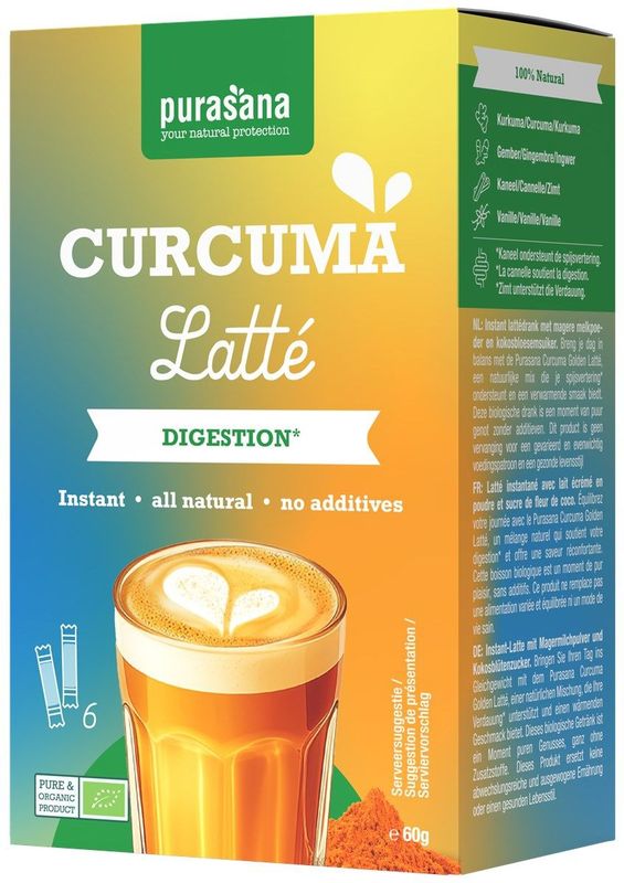 PURAHD01 - Curcuma latté 6 x 10 g BIO (BIO. Instant Kurkuma Latte. 6 x 10 g. Moderne twist op Indische golden milk. Suiker- en caloriearm. Met gember voor een normale spijsvertering.) -  Purasana