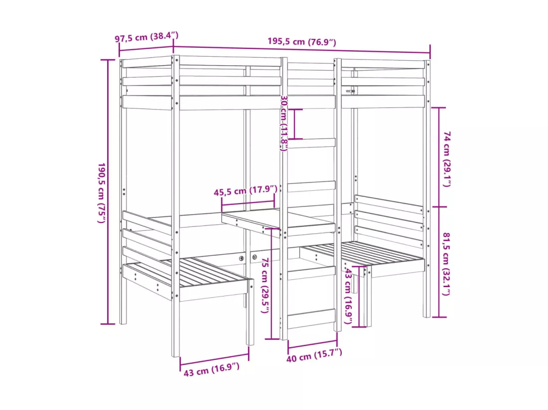 Lit mezzanine avec bureau et chaises 90x190 cm pin massif