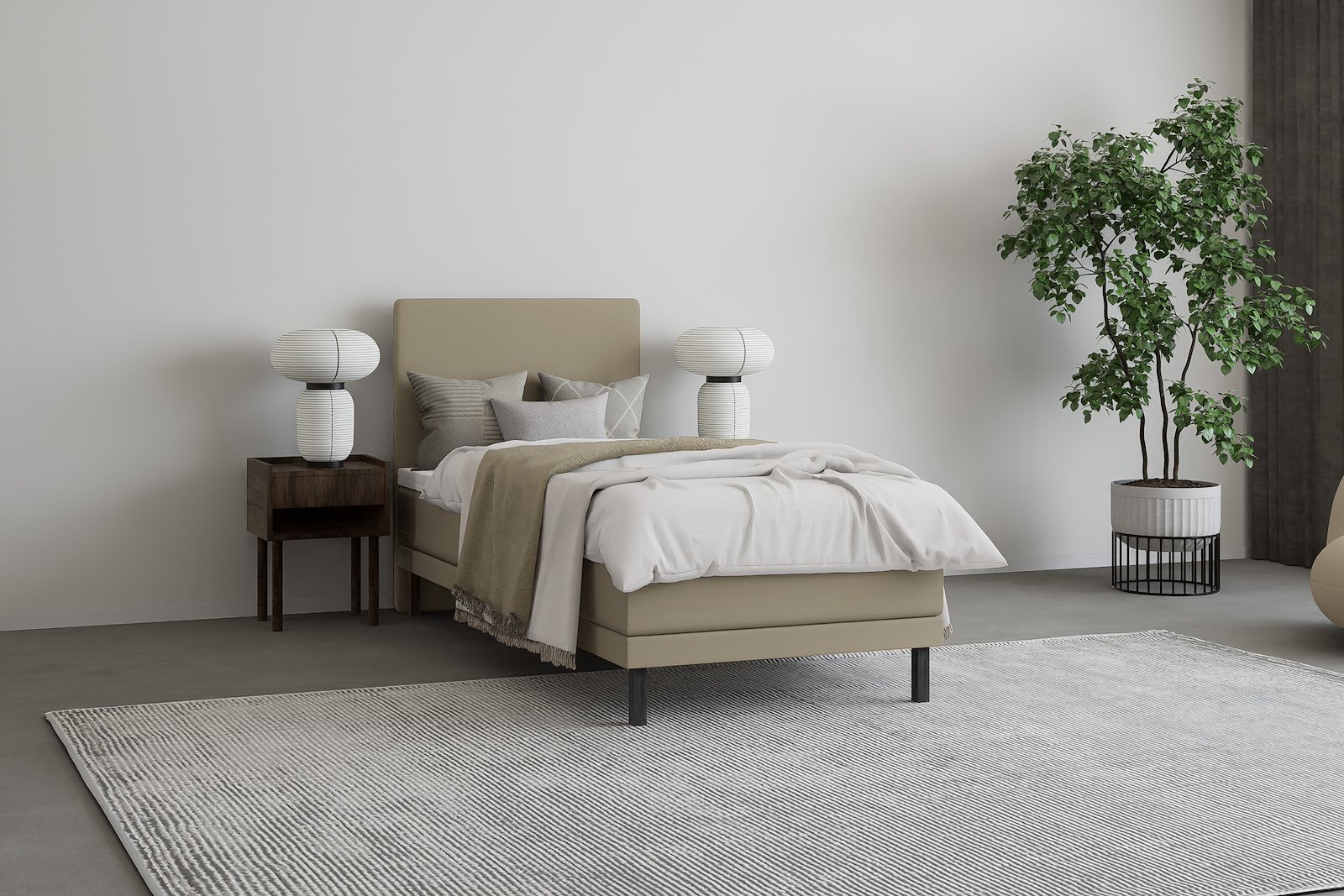 Komfort 5 regulerbar seng 80x200 cm Tekstil Primo 05 beige, Komfort 5 overmadrass og sorte firkantede ben, gavl selges separate.