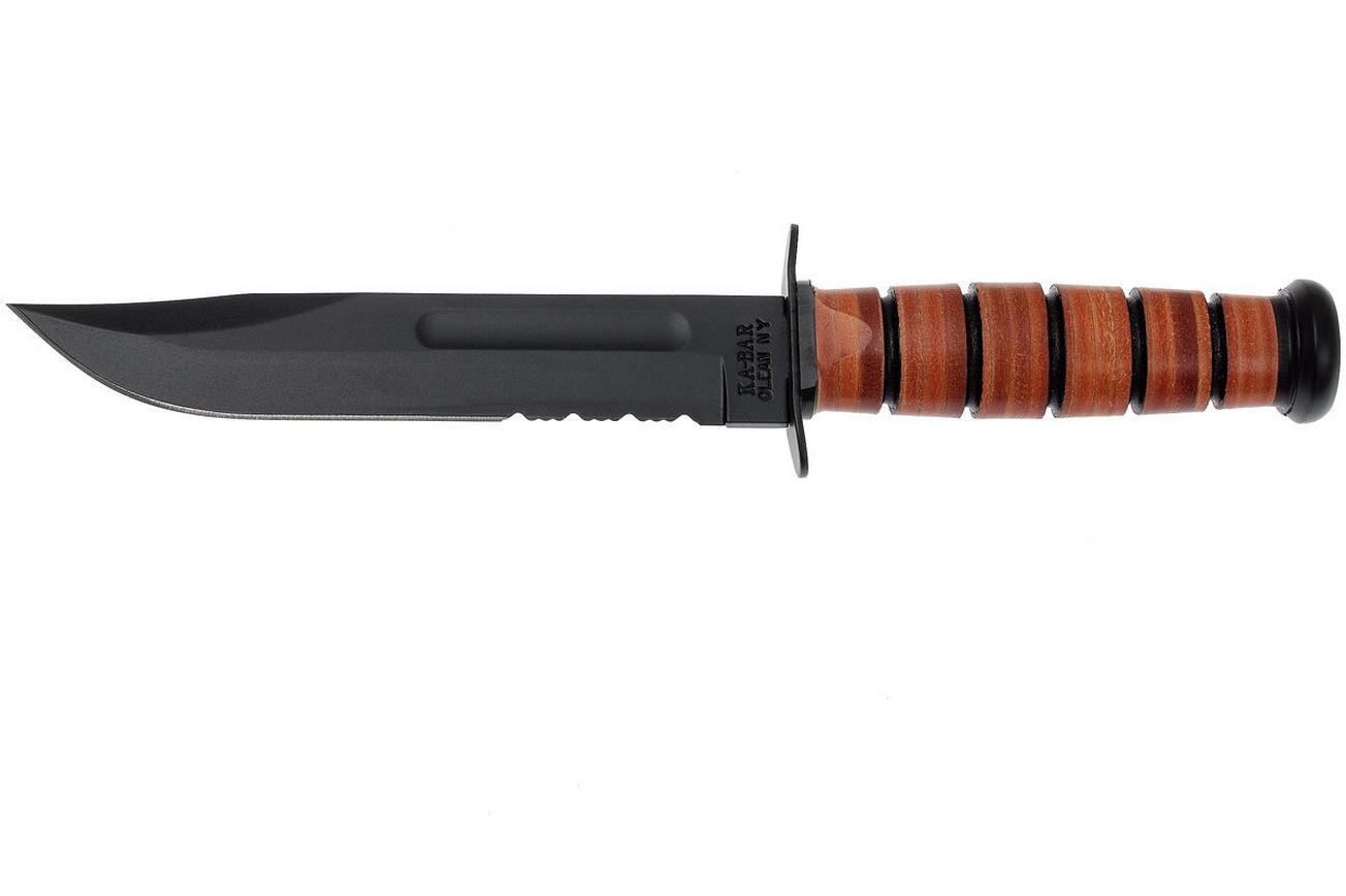 KA-BAR USMC 1218 deels gekarteld, leer, lederen foedraal survivalmes