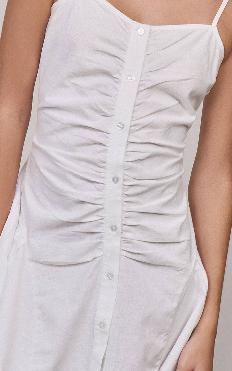 Blanc Robe Droite Froncée À Bretelles Avec Boutonnage