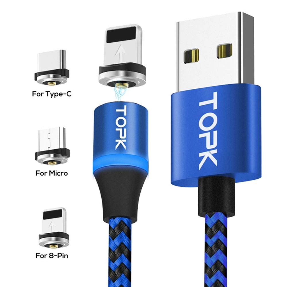 (1m) 3in1 Magnetisches Dual Color USB Ladekabel Nylon Geflecht - Apple Lightning / Micro USB / USB C - Blau / Schwarz