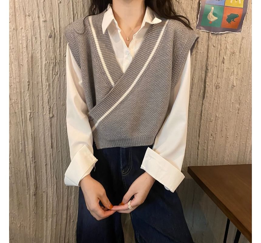 Shinsei - Effen shirt / V-hals gestreept vest