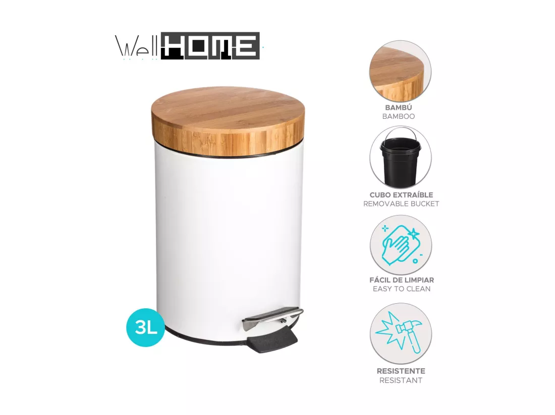 WELL HOME - Poubelle en métal 3L 'Natureo' design bambou Idéale pour salle de bain ou bureau
