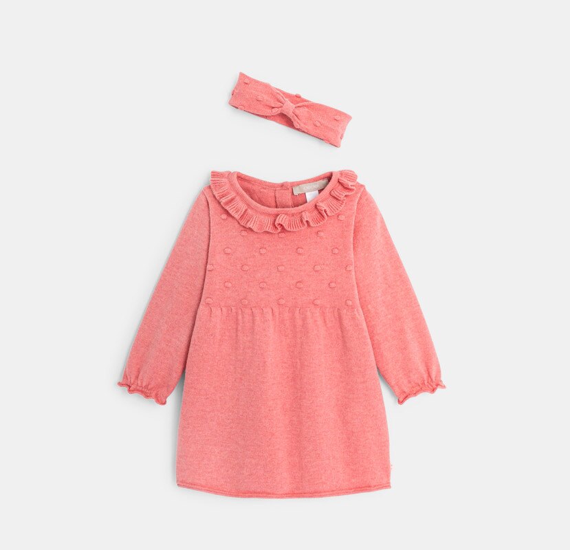 Robe maille tricot fantaisie et bandeau assorti Rose