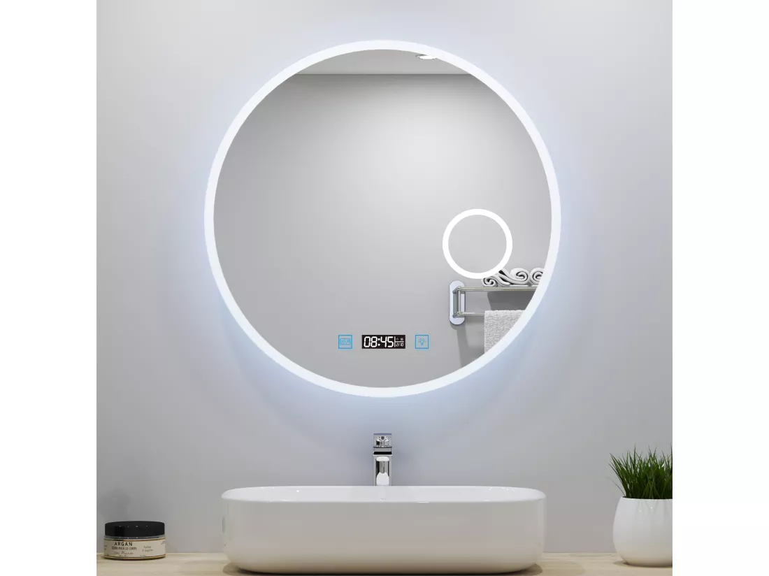 Miroir lumineux Rond 60cm avec Horloge + 3 Couleurs + Dimmable + Anti-buée + grossissant 3x