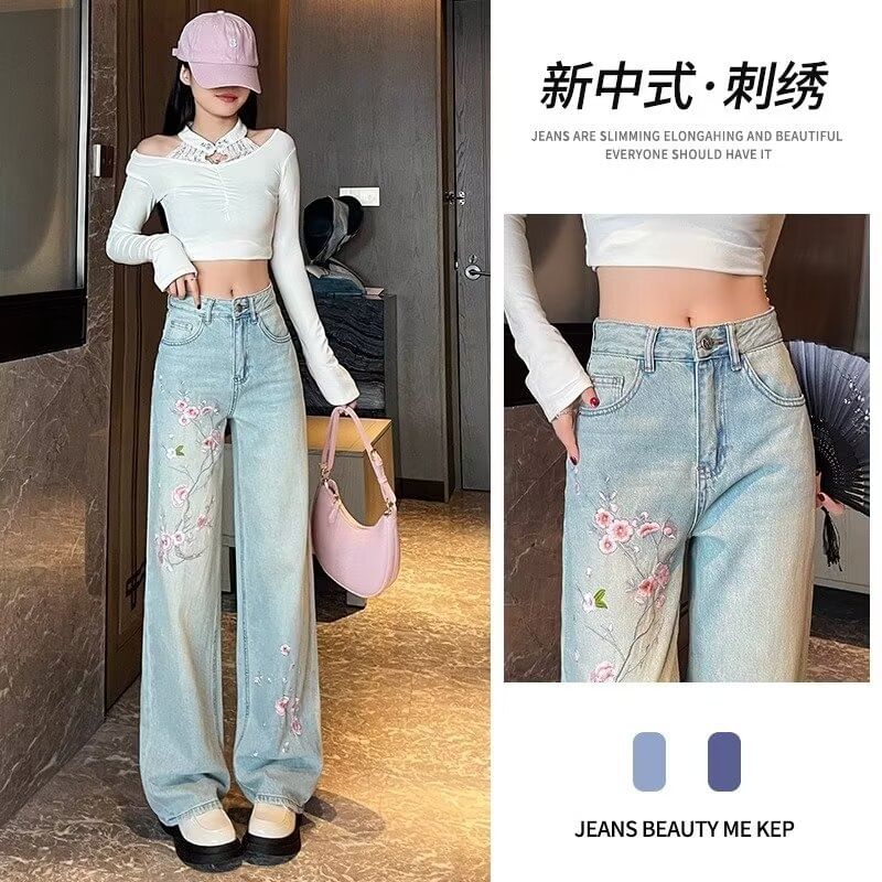 wingsira - High Rise Floral Geborduurde Washed Wide Leg Jeans