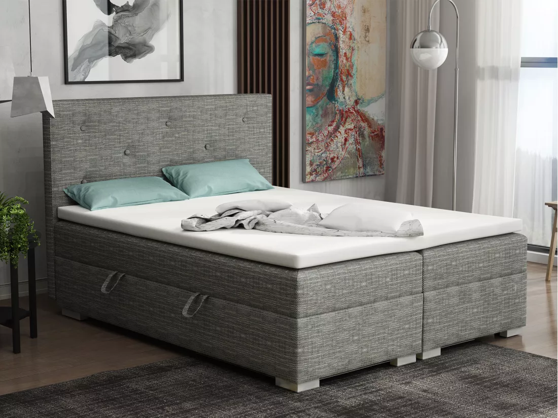 Lit Boxspring avec tiroirs de lit, Coffre de lit Topper Atlanta 180x200 cm, Berlin 01 (Gris mélangé)